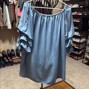 Zara Lightweight Denim On/Off-Shoulder Ruffle Sleeve Shift Dress